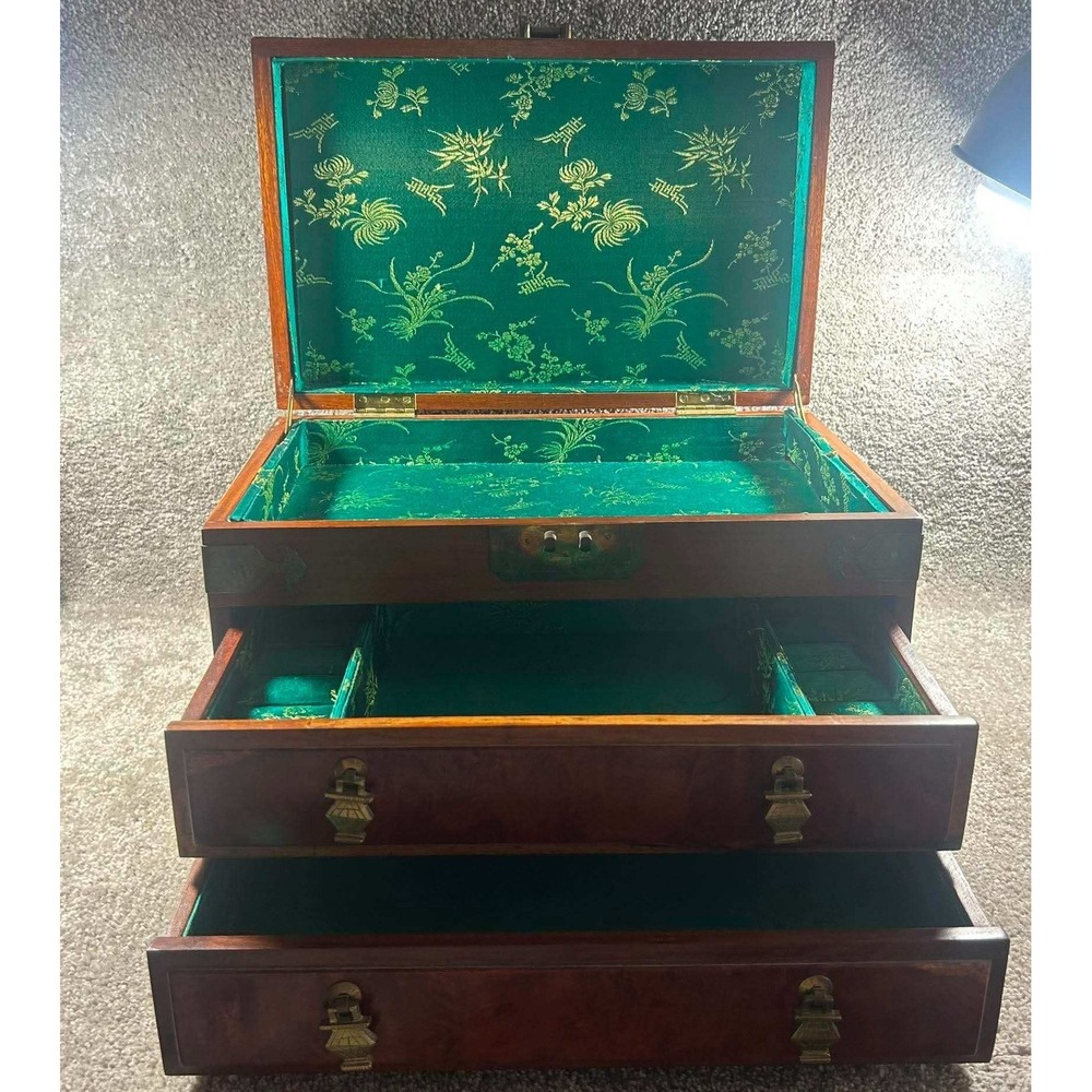Vintage Jewelry Box Burl Wood Brass Chinoiserie Chest Green Silk Lining